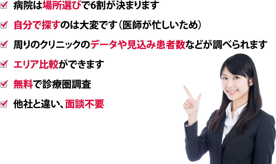 病院は場所選びで6割が決まります　自分で探すのは大変です（医師が忙しいため）　周りのクリニックのデータや見込み患者数などが調べられます　エリア比較ができます　無料で診療圏調査　他社と違い、面談不要　いつでも、何回でも利用ができます